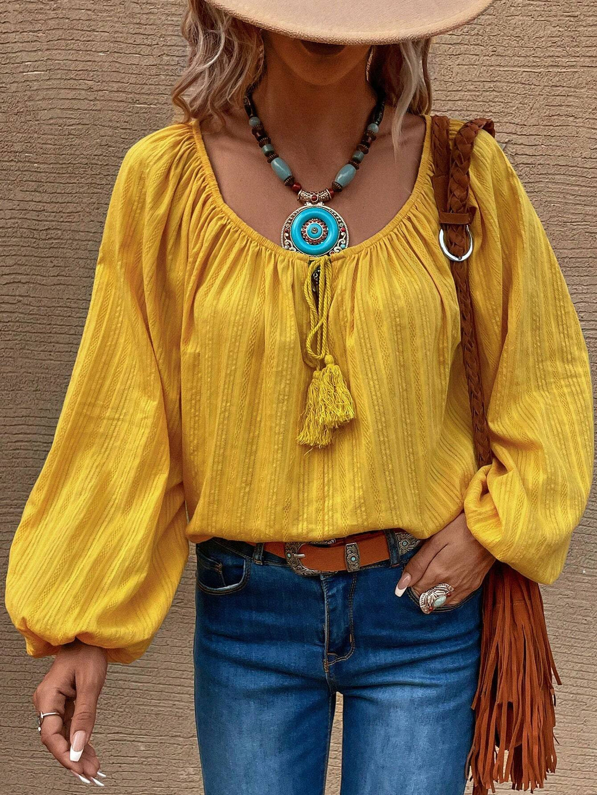 Tassel Tie Lantern Sleeve Blouse