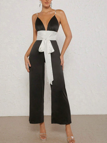 Colorblock Tie Front Cami Jumpsuit