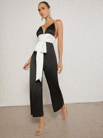 Colorblock Tie Front Cami Jumpsuit