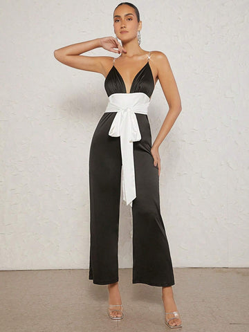 Colorblock Tie Front Cami Jumpsuit