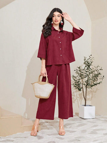 Cotton Solid Button Front Shirt & Wide Leg Pants