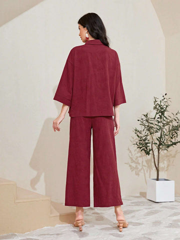 Cotton Solid Button Front Shirt & Wide Leg Pants