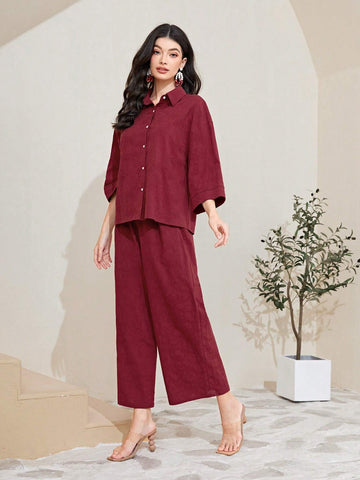 Cotton Solid Button Front Shirt & Wide Leg Pants