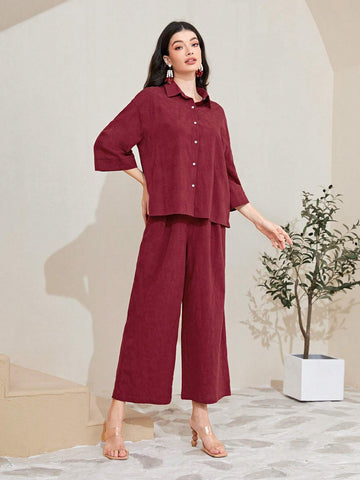 Cotton Solid Button Front Shirt & Wide Leg Pants