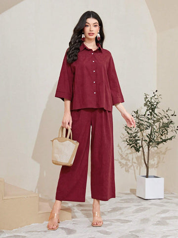 Cotton Solid Button Front Shirt & Wide Leg Pants