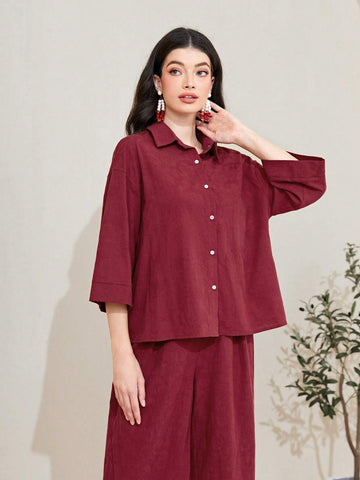 Cotton Solid Button Front Shirt & Wide Leg Pants