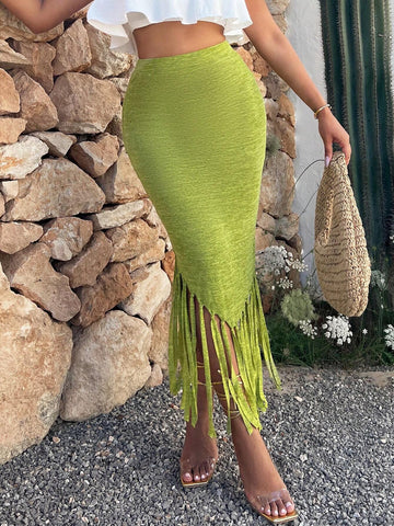 SXY Fringe Trim Asymmetrical Hem Skirt