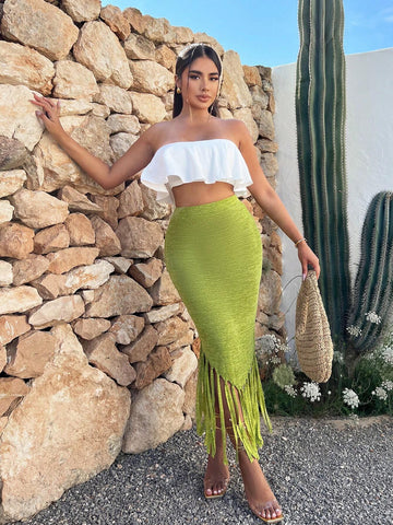 SXY Fringe Trim Asymmetrical Hem Skirt