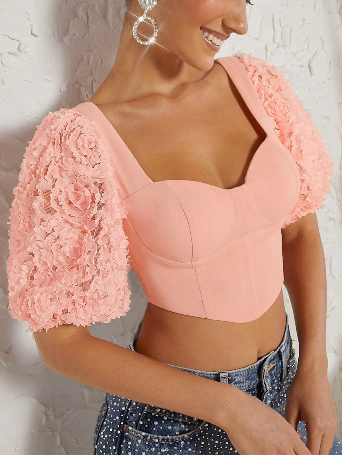 Sweetheart Neck Puff Sleeve Crop Tee