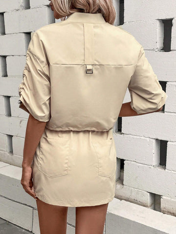 Flap Pocket Drawstring Hem Jacket & Skirt