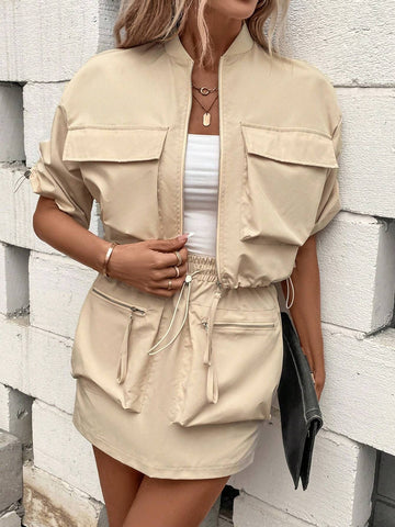 Flap Pocket Drawstring Hem Jacket & Skirt