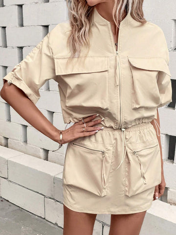 Flap Pocket Drawstring Hem Jacket & Skirt