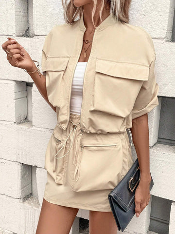 Flap Pocket Drawstring Hem Jacket & Skirt