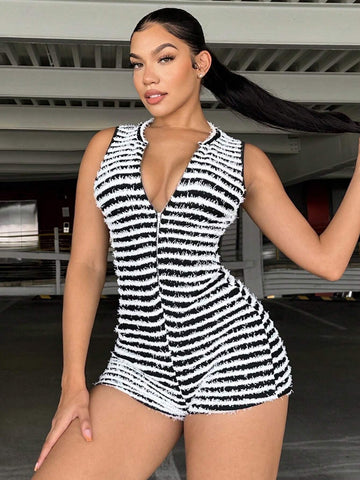 Striped Zip Up Unitard Romper