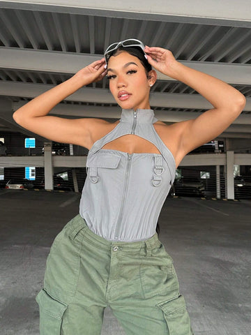Cut Out Front Halter Neck Bodysuit