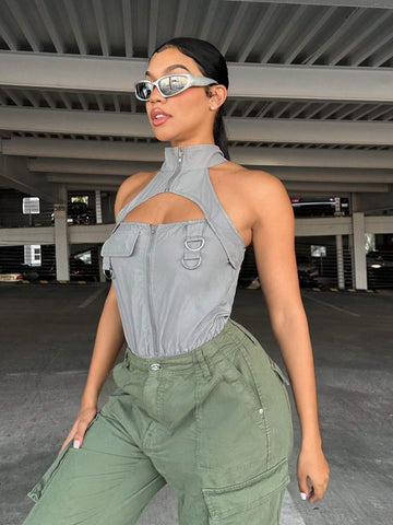 Cut Out Front Halter Neck Bodysuit