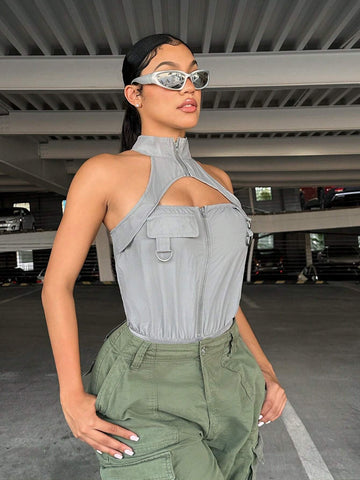 Cut Out Front Halter Neck Bodysuit