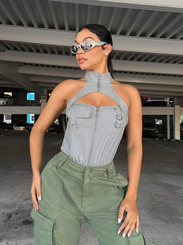 Cut Out Front Halter Neck Bodysuit
