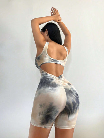 Tie Dye Cut Out Backless Unitard Romper