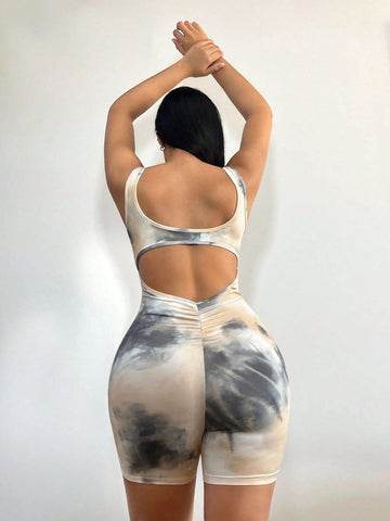 Tie Dye Cut Out Backless Unitard Romper