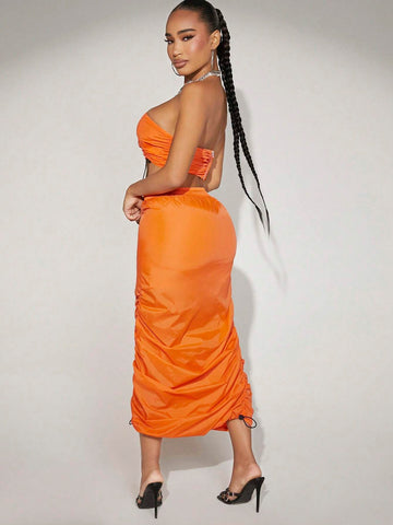 Drawstring Ruched Tube Top & Skirt