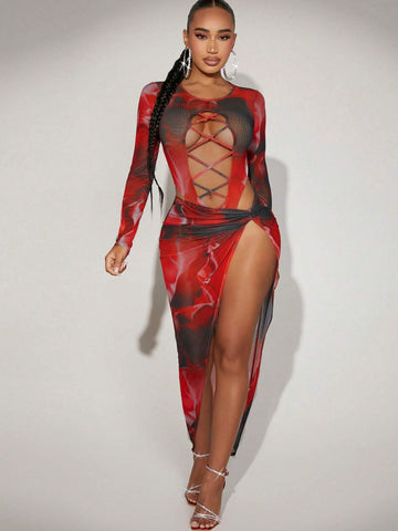 Allover Print Crisscross Front Bodysuit & Split Thigh Skirt