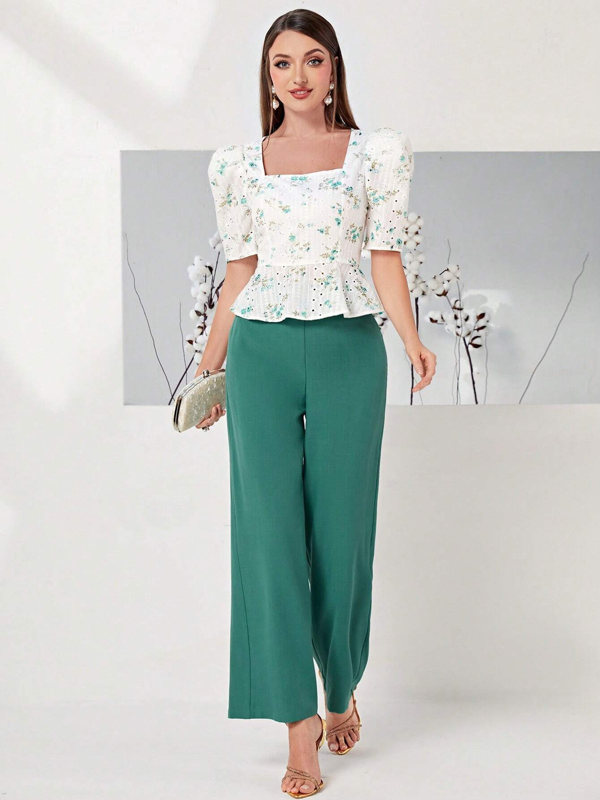 Floral Print Square Neck Puff Sleeve Top & Wide Leg Pants