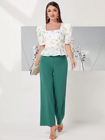Floral Print Square Neck Puff Sleeve Top & Wide Leg Pants