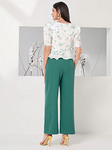 Floral Print Square Neck Puff Sleeve Top & Wide Leg Pants
