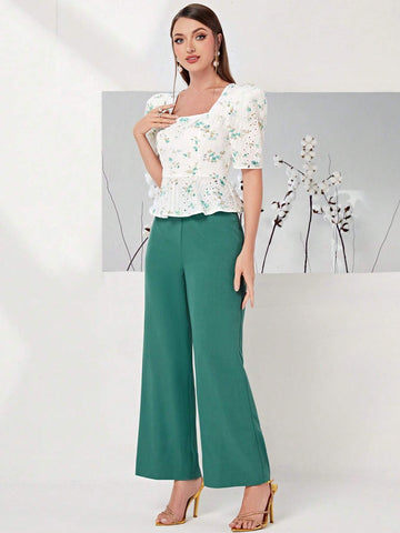 Floral Print Square Neck Puff Sleeve Top & Wide Leg Pants