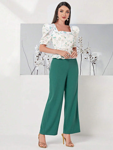 Floral Print Square Neck Puff Sleeve Top & Wide Leg Pants