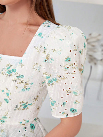 Floral Print Square Neck Puff Sleeve Top & Wide Leg Pants