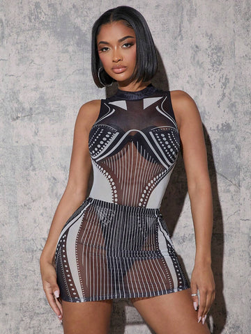 Geo Print Sheer Mesh Tank Bodysuit & Skirt