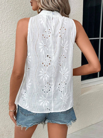 Eyelet Embroidery Keyhole Back Sleeveless Blouse