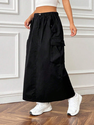 EZwear Flap Pocket Side Drawstring Waist Cargo Skirt