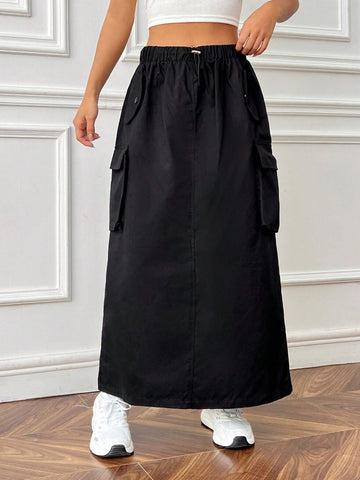 EZwear Flap Pocket Side Drawstring Waist Cargo Skirt