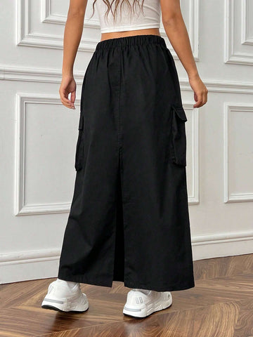 EZwear Flap Pocket Side Drawstring Waist Cargo Skirt
