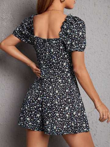 Ditsy Floral Print Puff Sleeve Ruched Bust Romper