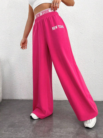 EZwear Letter Graphic Wide Leg Sweatpants