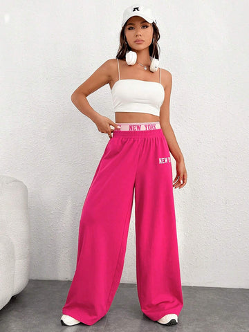 EZwear Letter Graphic Wide Leg Sweatpants