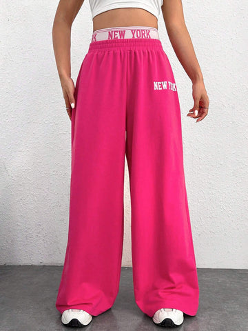 EZwear Letter Graphic Wide Leg Sweatpants