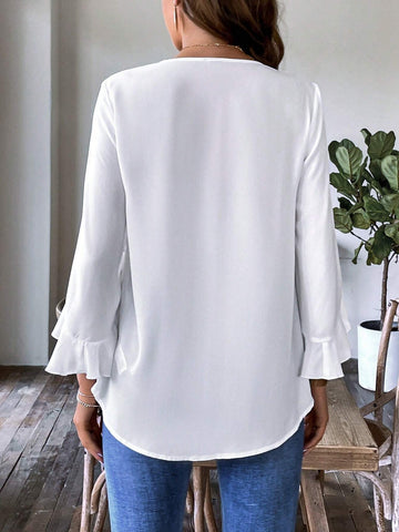 Solid Flounce Sleeve Wrap Hem Blouse