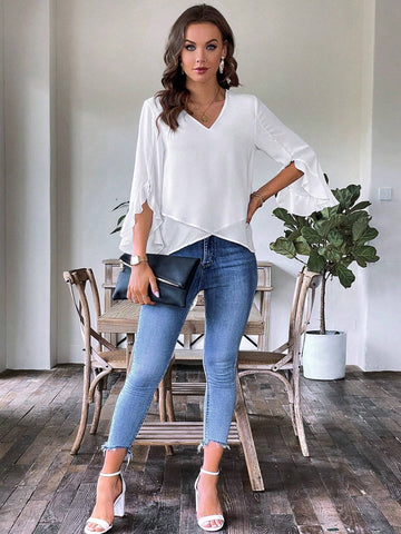 Solid Flounce Sleeve Wrap Hem Blouse