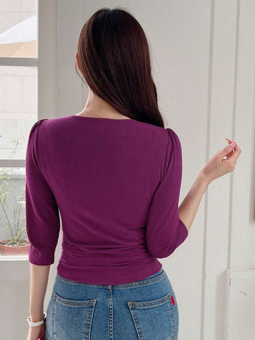 Twist Front Cut Out Puff Sleeve Tee