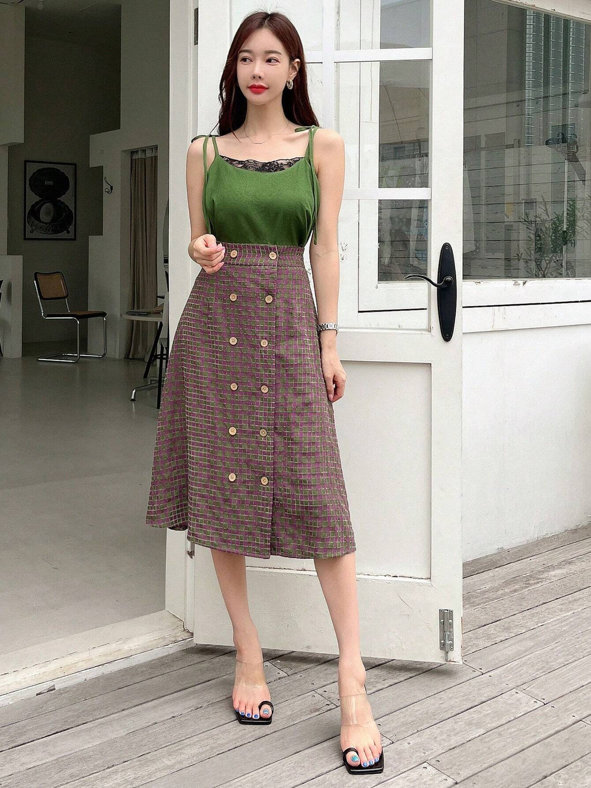 Solid Cami Top & Plaid Print Double Breasted Skirt