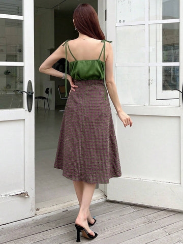 Solid Cami Top & Plaid Print Double Breasted Skirt