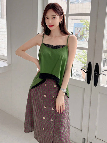 Solid Cami Top & Plaid Print Double Breasted Skirt