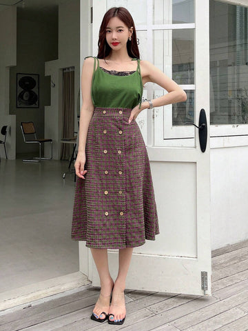 Solid Cami Top & Plaid Print Double Breasted Skirt