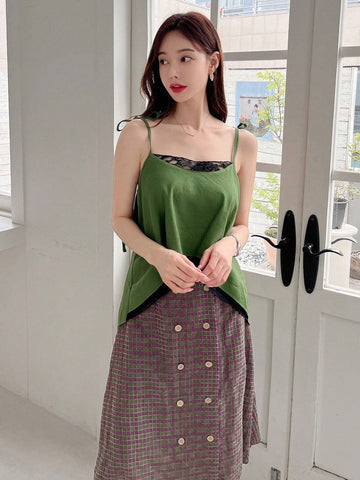 Solid Cami Top & Plaid Print Double Breasted Skirt