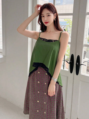 Solid Cami Top & Plaid Print Double Breasted Skirt